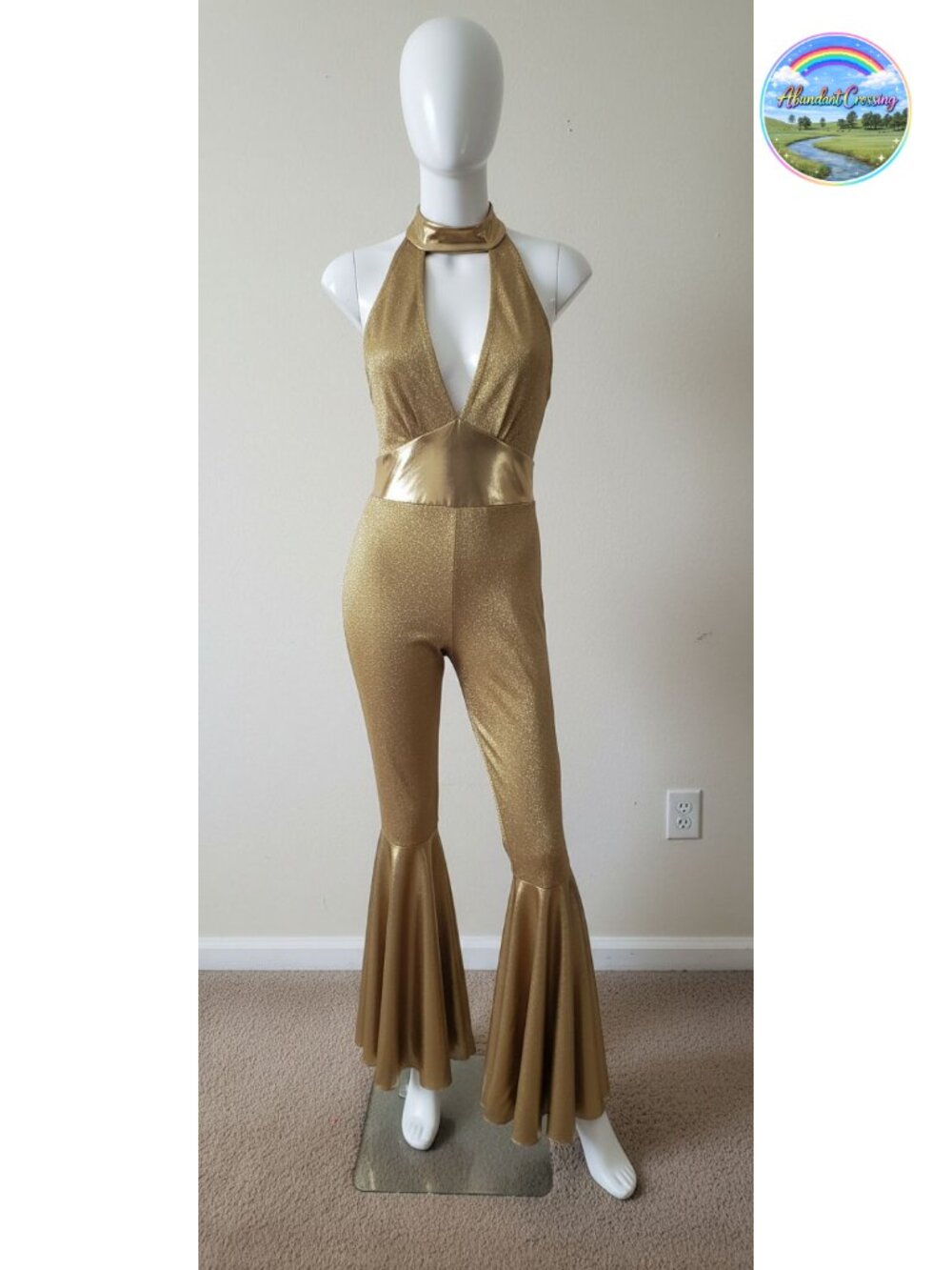 70s Disco Diva Costume Jumpsuit Gold Lame Bell Bottoms Halloween